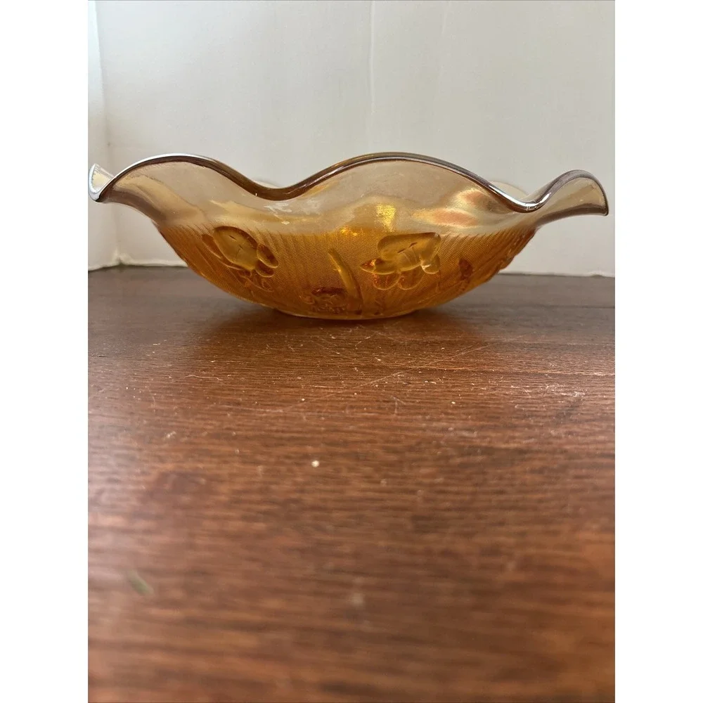 Vintage Jeanette Iris and  Herringbone Marigold Carnival Glass‎ Ruffled Bowl 11